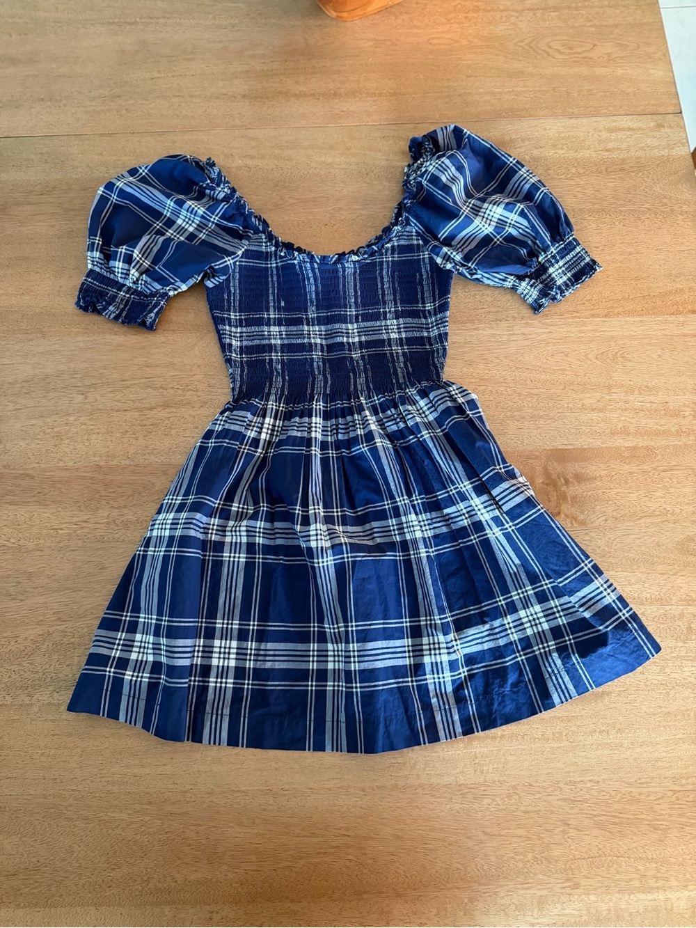 Blue Plaid Smocked Puff Sleeve Nap Dress Cottagecore Picnic Dress Size S